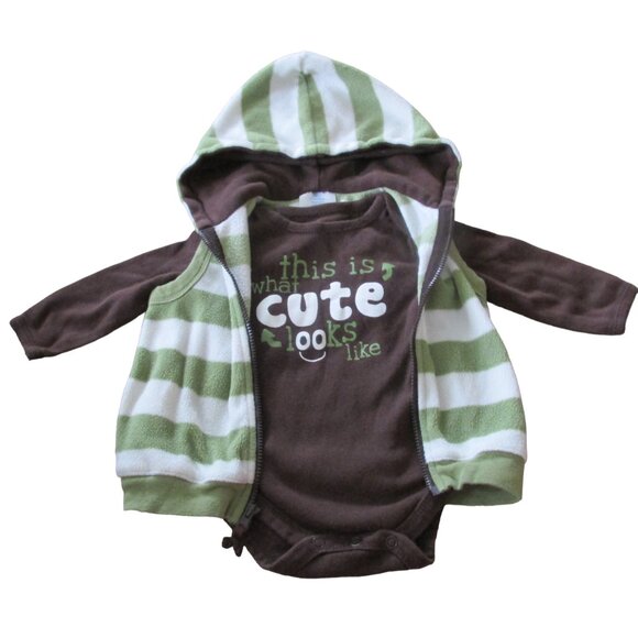 Small Wonder 2 Pc Vest Shirt Outfit Boys Size 3-6M Brown Green‎ Hooded Zip Up - Picture 1 of 7